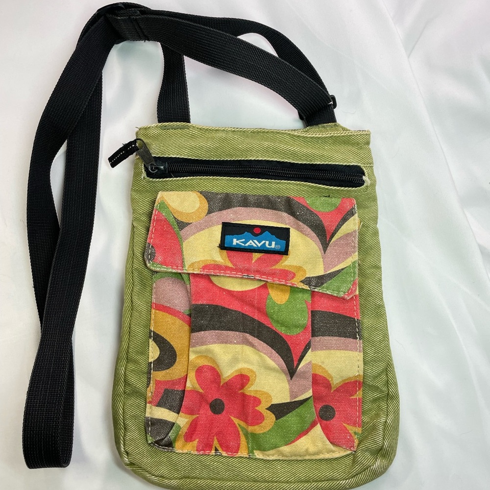 Kavu Olive Green Crossbody with Multicolor Floral Pocket